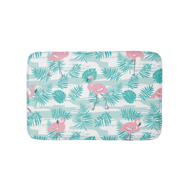 Pink flamingos, green palm leaves, tropical. bath mat (Front)