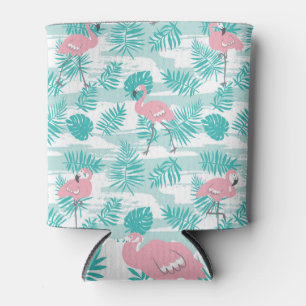 Pink flamingos, green palm leaves, tropical. can cooler