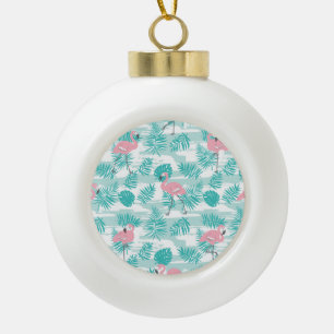Pink flamingos, green palm leaves, tropical. ceramic ball christmas ornament