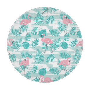 Pink flamingos, green palm leaves, tropical. cutting board
