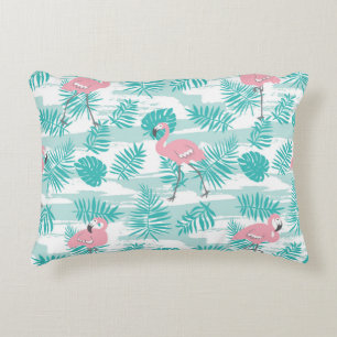 Pink flamingos, green palm leaves, tropical. decorative cushion
