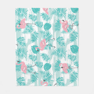 Pink flamingos, green palm leaves, tropical. fleece blanket