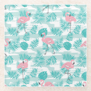 Pink flamingos, green palm leaves, tropical. glass coaster