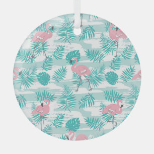 Pink flamingos, green palm leaves, tropical. glass tree decoration