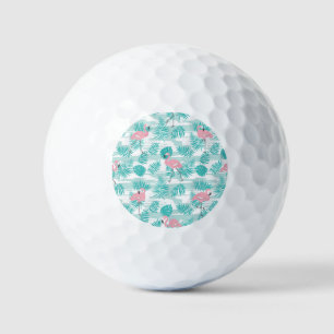 Pink flamingos, green palm leaves, tropical. golf balls