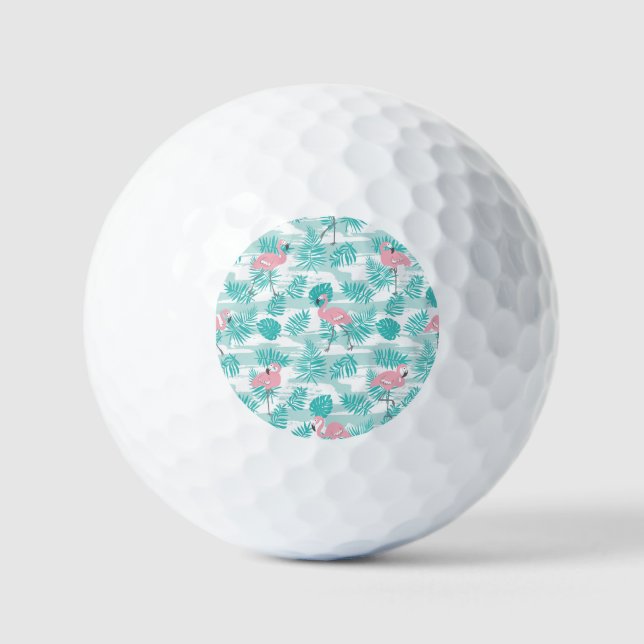 Pink flamingos, green palm leaves, tropical. golf balls (Front)
