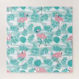 Pink flamingos, green palm leaves, tropical. jigsaw puzzle