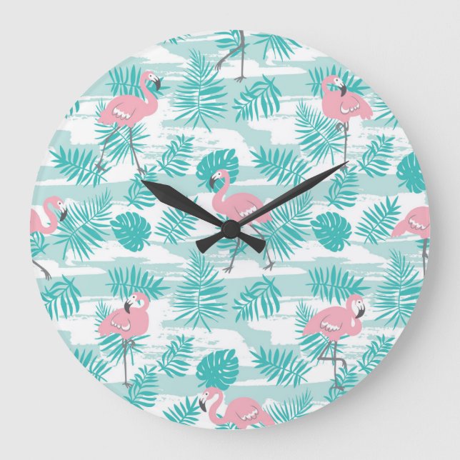 Pink flamingos, green palm leaves, tropical. large clock (Front)