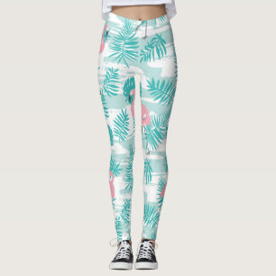 Pink flamingos, green palm leaves, tropical. leggings
