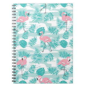 Pink flamingos, green palm leaves, tropical. notebook