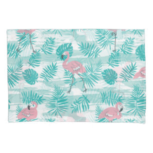 Pink flamingos, green palm leaves, tropical. pillowcase