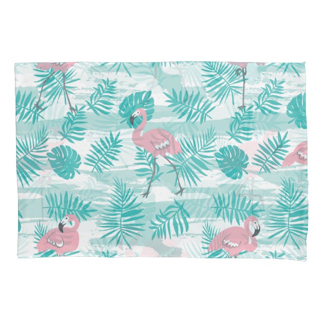 Pink flamingos, green palm leaves, tropical. pillowcase (Front)