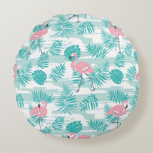 Pink flamingos, green palm leaves, tropical. round cushion (Front)