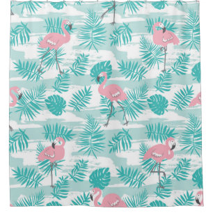 Pink flamingos, green palm leaves, tropical. shower curtain