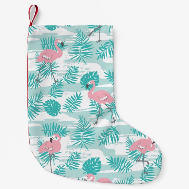 Pink flamingos, green palm leaves, tropical. small christmas stocking (Front)