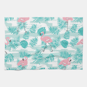 Pink flamingos, green palm leaves, tropical. tea towel