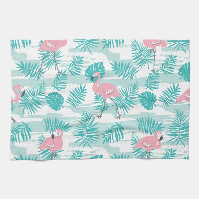 Pink flamingos, green palm leaves, tropical. tea towel (Horizontal)
