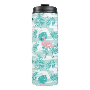 Pink flamingos, green palm leaves, tropical. thermal tumbler