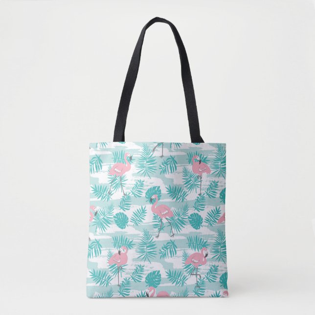 Pink flamingos, green palm leaves, tropical. tote bag (Front)