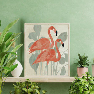 Pink Flamingos Green Plants Watercolor Stylish Fun Poster