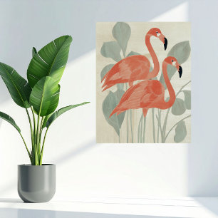 Pink Flamingos Green Plants Watercolor Stylish Fun Poster