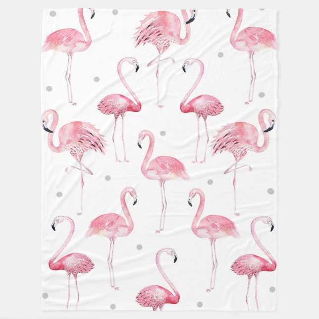 Pink Flamingos Grey Polka Dots Pattern Fleece Blanket (Front)