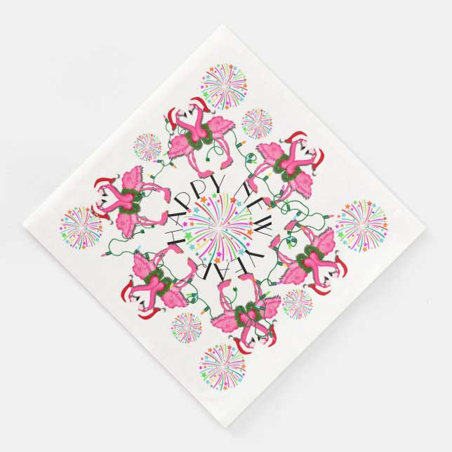 Pink Flamingos Happy New Year Party Goods Napkins (Corner)