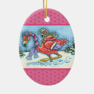 PINK FLAMINGOS HEADING SOUTH FOR WINTER, CHRISTMAS CERAMIC TREE DECORATION
