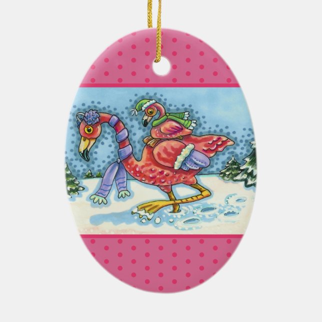PINK FLAMINGOS HEADING SOUTH FOR WINTER, CHRISTMAS CERAMIC TREE DECORATION (Back)