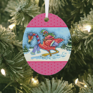 PINK FLAMINGOS HEADING SOUTH FOR WINTER, CHRISTMAS METAL TREE DECORATION