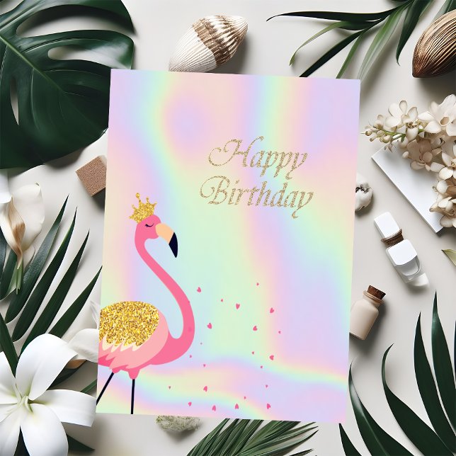  Pink Flamingos Hearts Holographic Birthday  Card (Creator Uploaded)