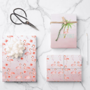 Pink Flamingos Hibiscus Floral Wrapping Paper Sheet