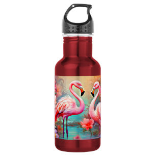 Pink Flamingos in A Lake with Flowers-20231 532 Ml Water Bottle