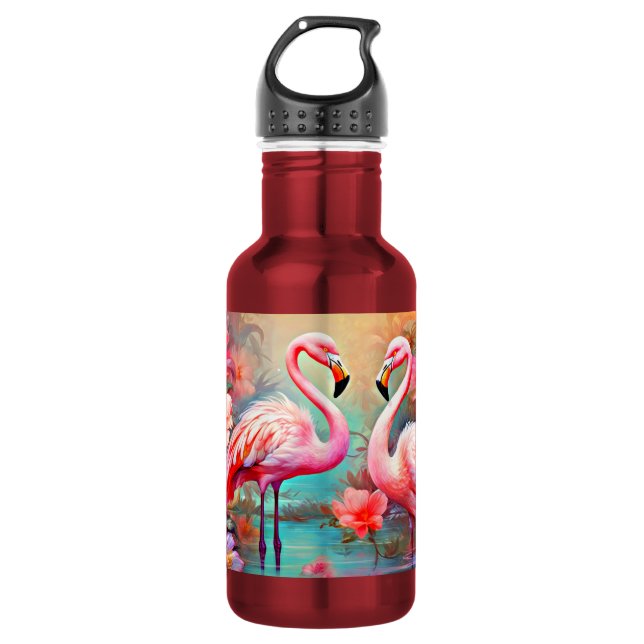 Pink Flamingos in A Lake with Flowers-20231 532 Ml Water Bottle (Front)