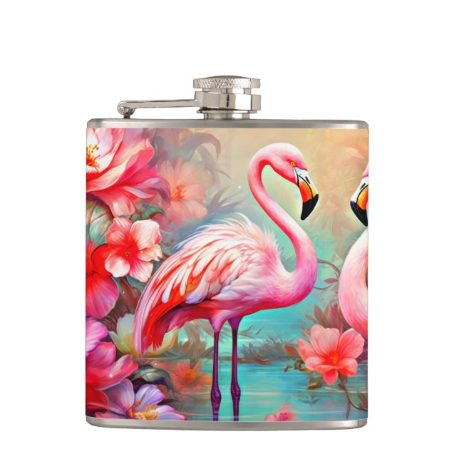 Pink Flamingos in A Lake with Flowers-20231 Hip Flask (Front)