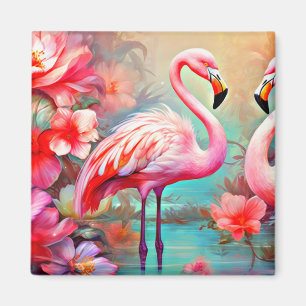 Pink Flamingos in A Lake with Flowers-20231 Magnet