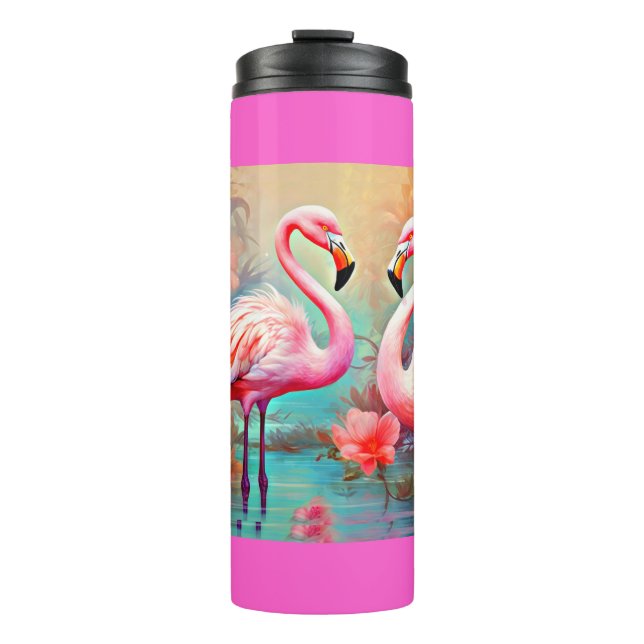 Pink Flamingos in A Lake with Flowers-20231 Thermal Tumbler (Front)