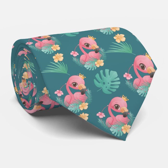 Pink Flamingos In Green Tropical Leaves Tie (Rolled)