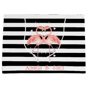 Pink Flamingos In Love ,Black White Stripes Large Gift Bag