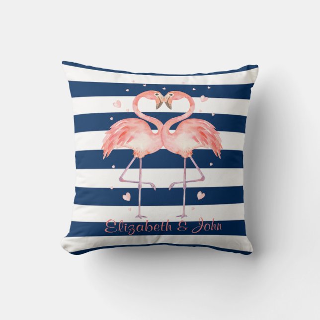Pink Flamingos In Love,Navy Blue Striped Cushion (Front)