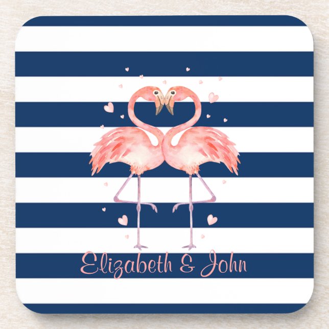 Pink Flamingos In Love,Navy Blue Stripes  Coaster (Front)