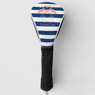Pink Flamingos In Love,Navy Blue Stripes    Golf Head Cover