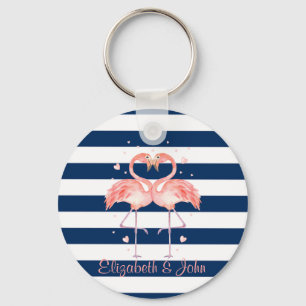 Pink Flamingos In Love,Navy Blue Stripes Key Ring
