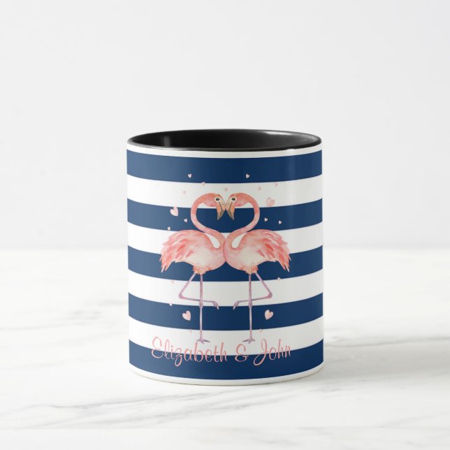 Pink Flamingos In Love,Navy Blue Stripes     Mug (Center)