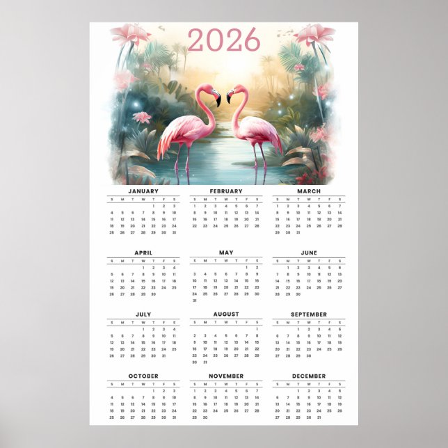 Pink Flamingos in Paradise: 2026 Wall Calendar Poster (Front)