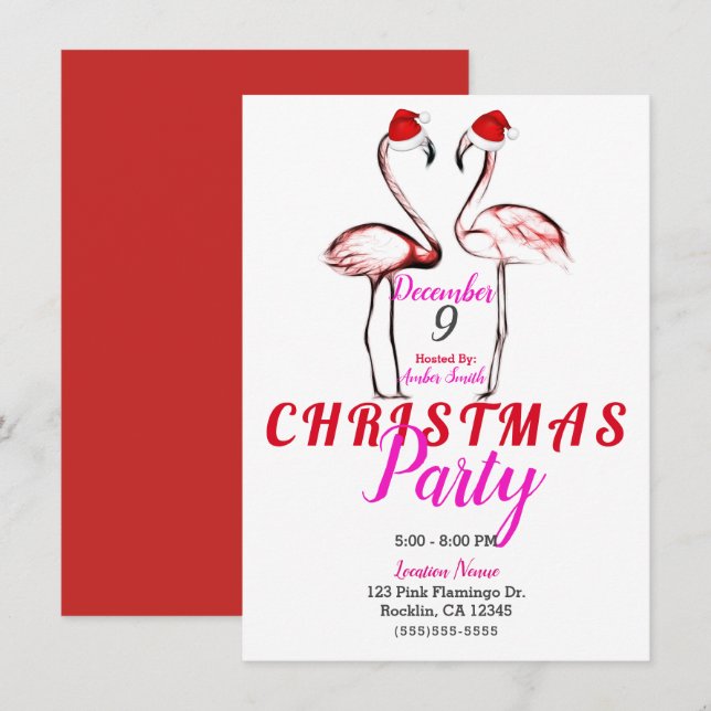 Pink Flamingos in Santa Hats Christmas Party Invitation (Front/Back)