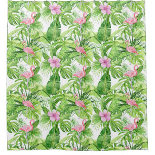 Pink Flamingos in Tropical Foliage on White Shower Curtain