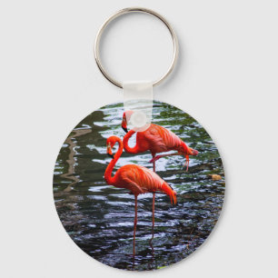 Pink Flamingos in Water Key Ring