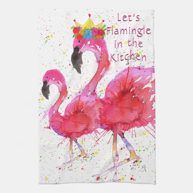 Pink Flamingos Let's Flamingle in the Kitchen Tea Towel (Vertical)