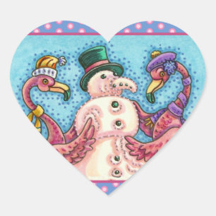 PINK FLAMINGOS MAKE SNOWMAN, FUNNY CHRISTMAS BIRDS HEART STICKER